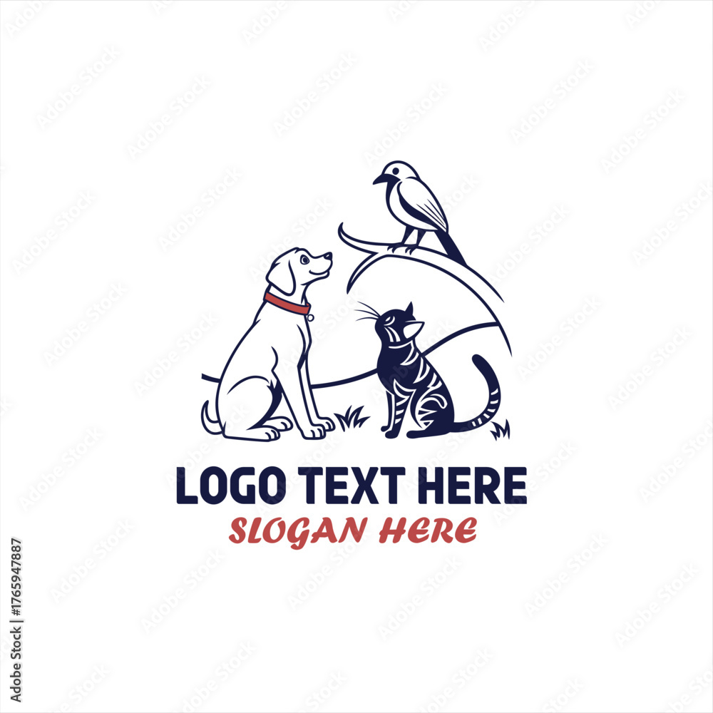 Naklejka premium Pet Care Logo Design with Dog, Cat and Bird – Modern Veterinary and Animal Clinic Symbol