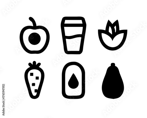 Collection of fruits, vegetables, and containers