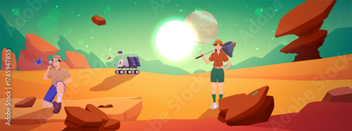 Entomologist with magnifying glass and butterfly net, robot on cosmic alien landscape with mountains and flying rocks