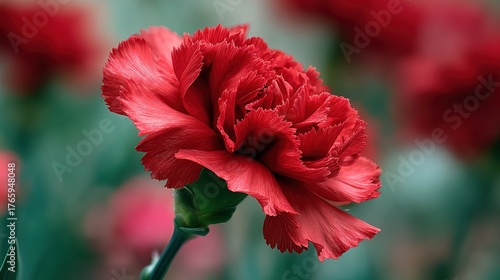   A close-up of a red carnation with pink foreground flowers and a blurred background