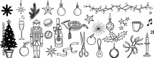Hand-drawn festive Christmas elements and decorations for holiday celebration designs