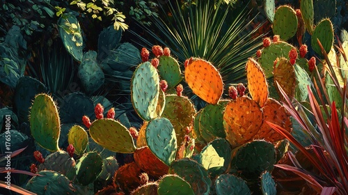   A close-up of a cactus with numerous green and red leaves in the foreground and a green and yellow cactus in the background