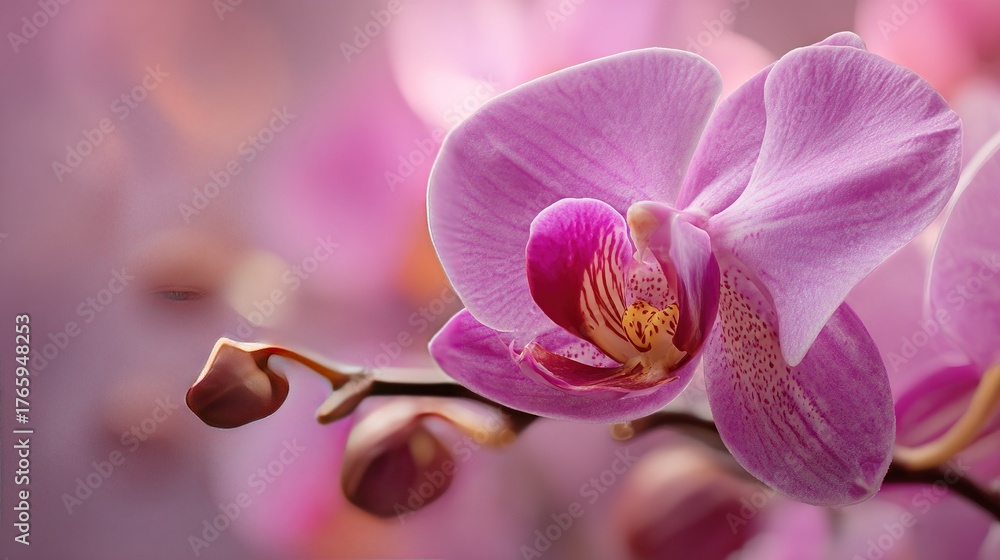 Obraz premium A zoomed-in photo of a pink blossom on a twig surrounded by other blooms, set against a hazy background