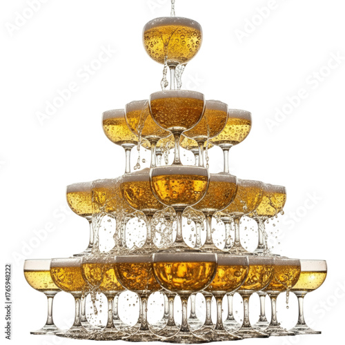 Champagne tower celebration event drink sparkling wine glasses party wedding toast luxury alcohol elegant on transparent background