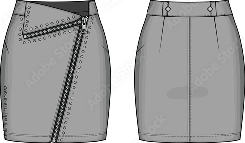 Asymmetrical zipper skirt flat sketch, women’s fashion technical drawing, front and back view, metal rivet detail, fitted silhouette, garment construction illustration