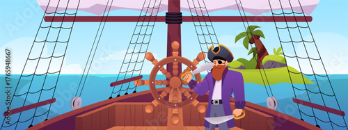 Sail boat bridge, helm with pirate captain on island in sea view, vector cartoon wooden vessel ship deck, steering wheel