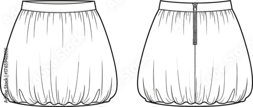 Bubble skirt flat sketch, women’s fashion technical drawing, front and back view, gathered hem, voluminous silhouette, garment construction illustration
