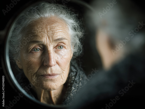 Woman gazes into a mirror as her reflection fades, symbolizing the effects of Alzheimer's disease and the struggles of identity and memory