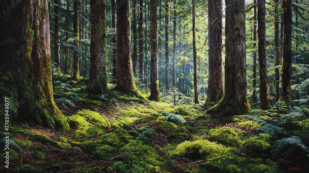 Fototapeta premium A vivid painting of a verdant forest brimming with tall trees and abundant moss covering the earthy floor