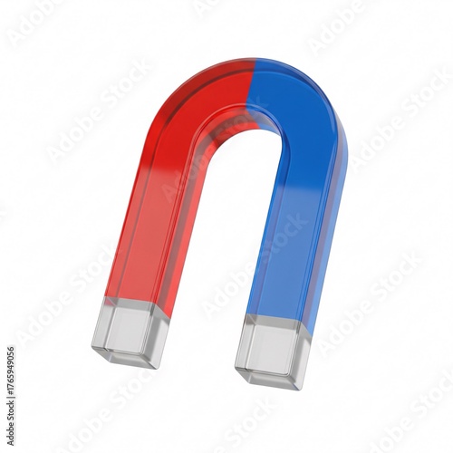 3D Magnet Icon. Horseshoe magnet in glassmorphism style. Physics and science symbol of attraction. Glossy render isolated on white.