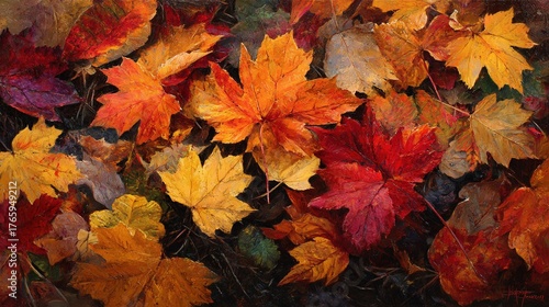   A vibrant painting featuring a multicolored group of leaves against a dark backdrop