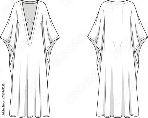 Kaftan dress flat sketch, women’s fashion technical drawing, front and back view, deep V-neckline, wide sleeves, flowing silhouette, garment construction illustration