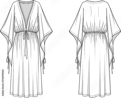 Kimono sleeve dress flat sketch, women’s fashion technical drawing, front and back view, drawstring waist, flowing silhouette, garment construction illustration