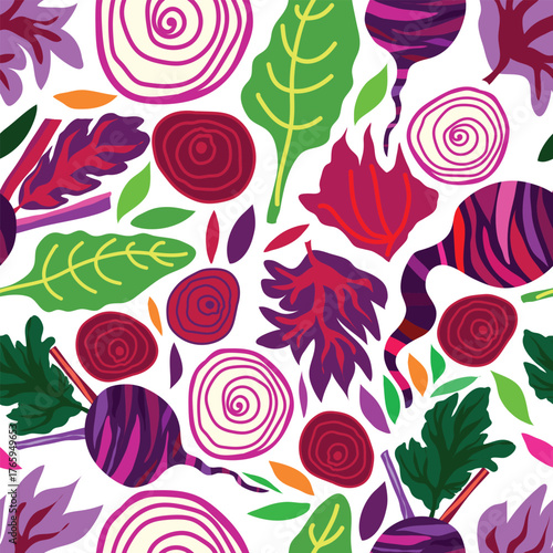 Colorful beetroot seamless pattern featuring whole roots, sliced rounds, and vibrant leafy tops. Hand drawn organic vegetables with rich reds and greens, ideal for fabric prints, kitchen decoration.
