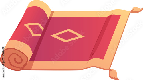 Persian carpet, red, rectangular, with a diamond pattern and golden tassels, rolled up.