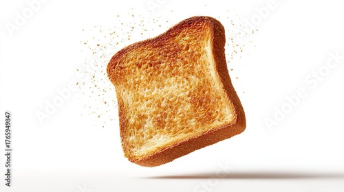   A close-up photo of a piece of bread in flight, with a nibbled slice missing