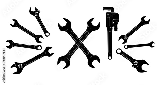 Professional collection of diverse wrenches and pipe wrench silhouettes for industrial, repair, and DIY projects, symbolizing craftsmanship and problem solving