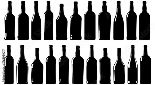Collection of diverse glass beverage bottles presented in a clean, modern silhouette style for versatile design applications.