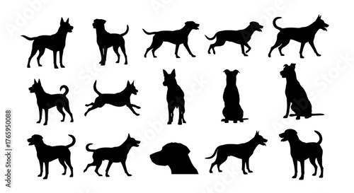 Dynamic dog silhouettes capture various breeds and poses, perfect for pet-themed designs and vibrant animal graphics