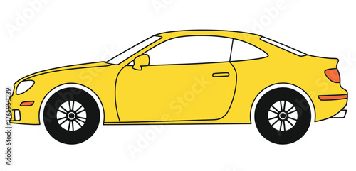 Yellow vector coupe sports car icon with black wheels and white rim detail
