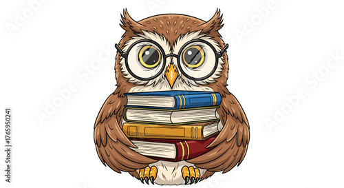 Wise owl with glasses holding a stack of colorful books, perfect for educational or storytelling themes.