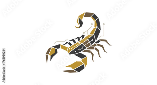 A stylized geometric scorpion illustration with gold, brown, and black facets on a white background.