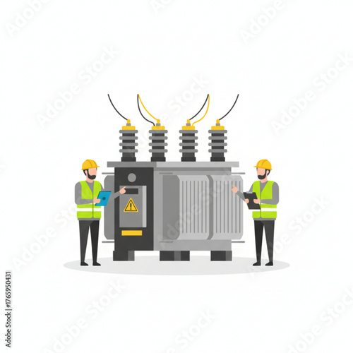 Electrical Engineers Inspecting Power Transformer – Flat Minimalist Vector