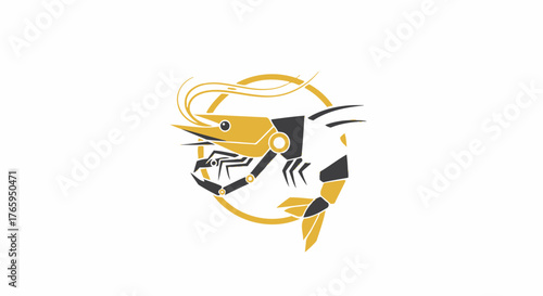 A robotic shrimp logo in gold and black, with a circular background element, representing a fusion of nature and technology.