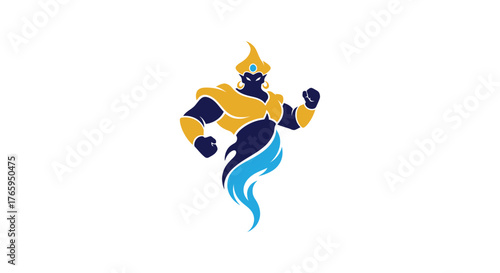 A powerful and muscular genie mascot with golden armor emerging from a blue wisp of smoke on a white background.