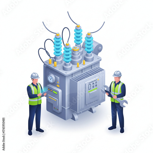 Isometric Vector of Engineers Inspecting Industrial Power Transformer
