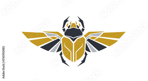 Stylized Egyptian Scarab Beetle with Wings Spread, Featuring Geometric Patterns in Gold, Navy, and Grey.