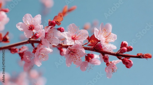   A cherry tree branch with pink flowers against a blue sky