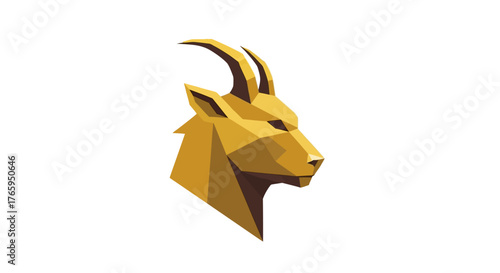 Stylized geometric golden goat or ibex head in profile, rendered with sharp angles and polygons, against a clean white background.