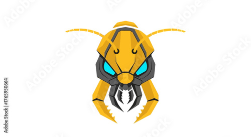 A stylized, robotic insect with bright blue eyes and yellow segmented armor, featuring sharp claws and antennae.
