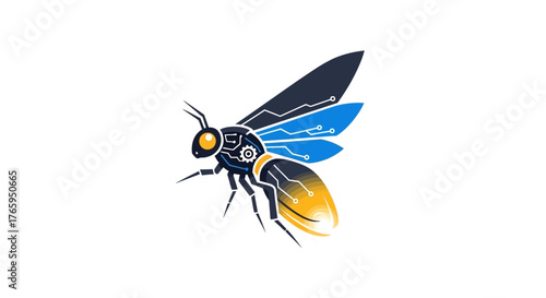 A digital illustration of a futuristic bee or wasp with circuit board patterns on its wings and body, featuring blue, black, and yellow colors.