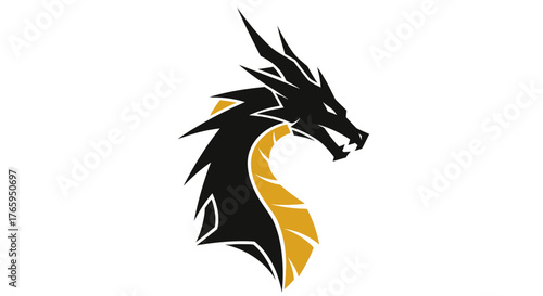 A stylized illustration of a dragon's head, featuring black and gold colors, with sharp details.
