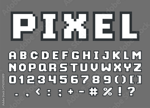 English alphabet black outline pixel art, 8 bit uppercase letters, numbers and punctuation marks, vector typography font