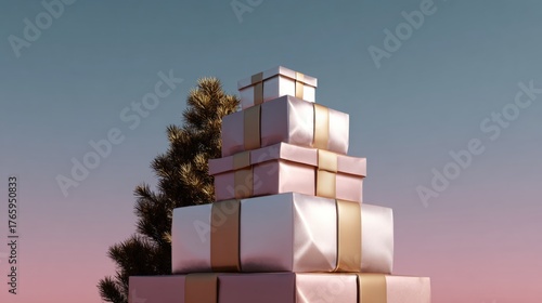 Stack of three gift boxes with gold ribbons tied around them. the boxes are arranged in a pyramid-like shape, with the top box slightly higher than the bottom one.