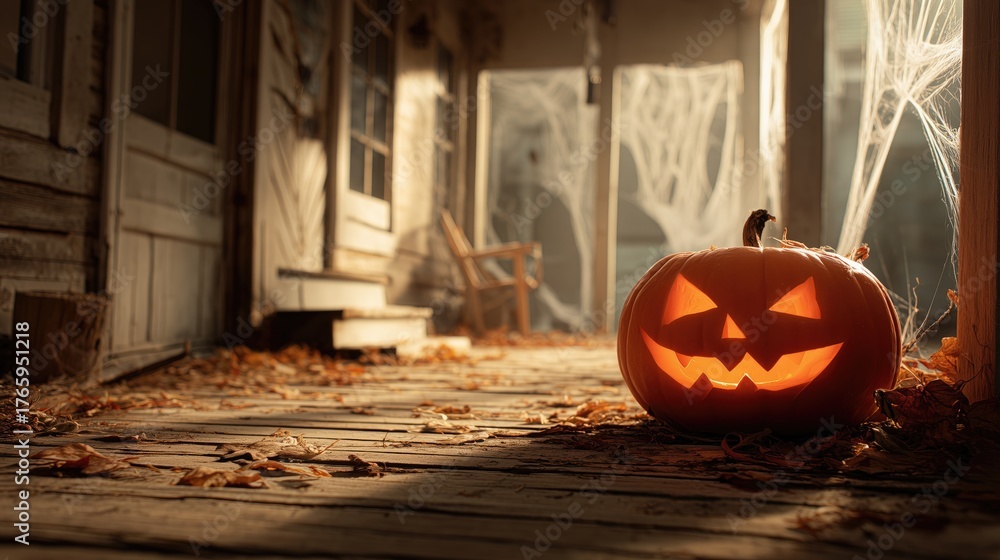 Obraz premium A glowing pumpkin on a rustic porch embodies the concept of feedback and recognition during a seasonal event, creating a warm yet spooky autumn atmosphere.