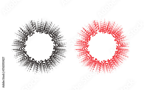 Two abstract circular shapes with radiating lines in black and red isolated on white background