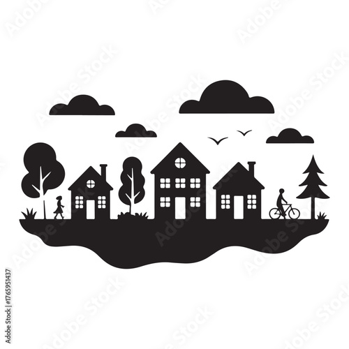 Idyllic minimalist graphic illustration depicting a vibrant suburban community with charming homes, lush trees, and active residents enjoying outdoor activities