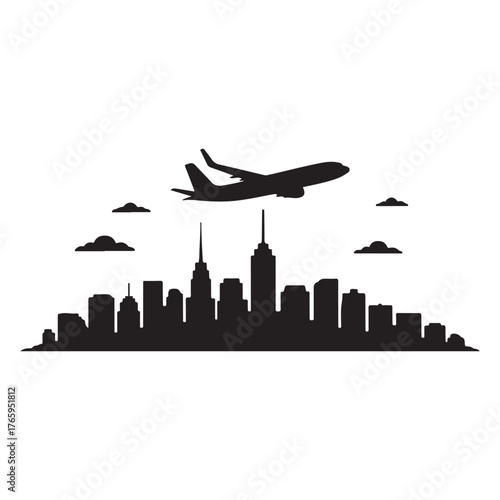 Silhouette of a cityscape with an airplane soaring overhead, depicting travel and urban exploration