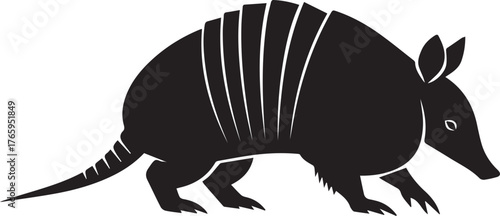 Black silhouette of an armadillo with stripes walking side view on
