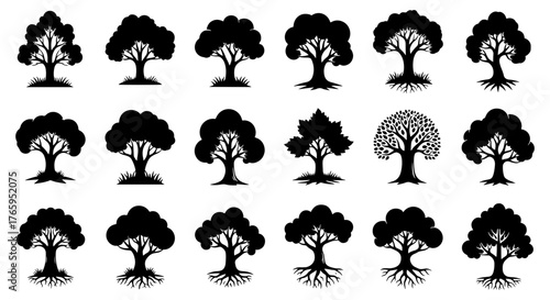 Collection of tree silhouettes, showcasing diverse shapes and foliage patterns