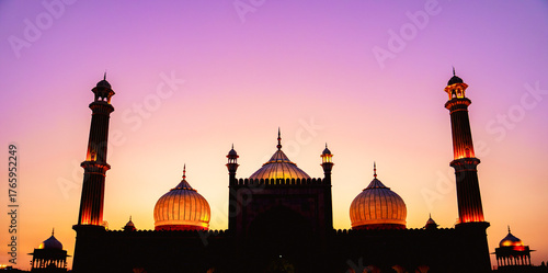 Jama Masjid in Delhi, India, one of the largest and most famous mosques built during the Mughal era. Represents Islamic architecture, Indian heritage, and cultural tourism