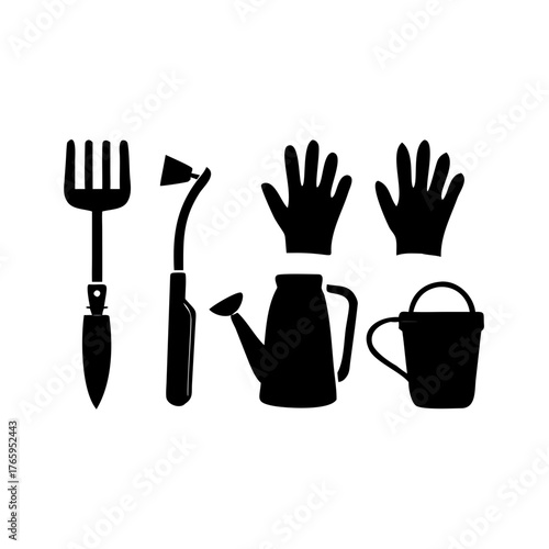 Silhouette of gardening tools including a fork, hoe, gloves, watering can, and bucket in black and white