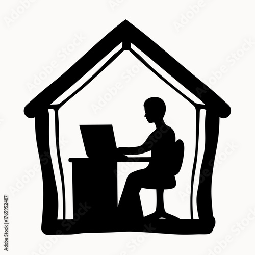 Silhouette of a person working on a laptop inside a house outline, representing working from home concept