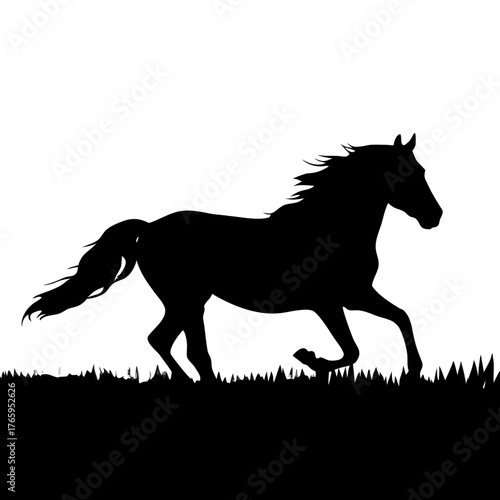 Silhouette of a horse galloping across a grassy field against a white background in a vector image