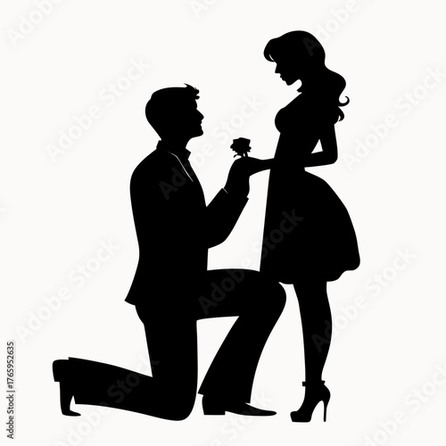 Silhouette of a man proposing with a rose to a woman in a dress and heels on a white background scene