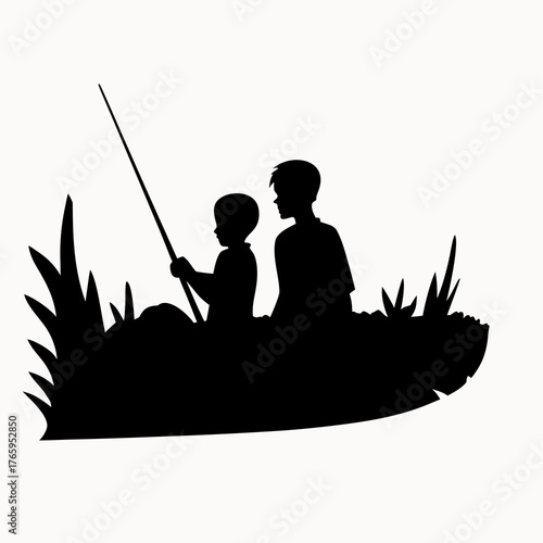 Silhouette of two boys fishing together in tall grass with one holding a fishing rod patiently waiting